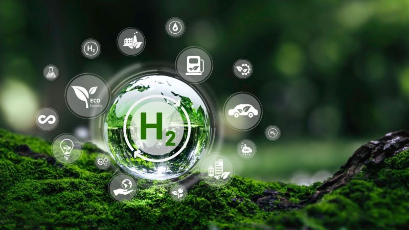 Kugel mit grünem H2 auf einem Baumstamm mit Moos. Darum sind Kugeln mit Icons zur Wasserstoffanwendung.