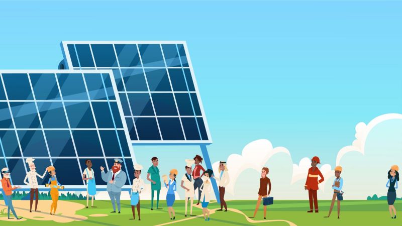 Illustration Menschen vor Solaranlage