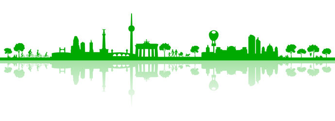 Ansicht einiger Gebäude der TU Darmstadt (Campus Stadtmitte) und des Kongresszentrums Darmstadtium mit schematischer Darstellung der energietechnischen Verknüpfung und smarter Steuerung