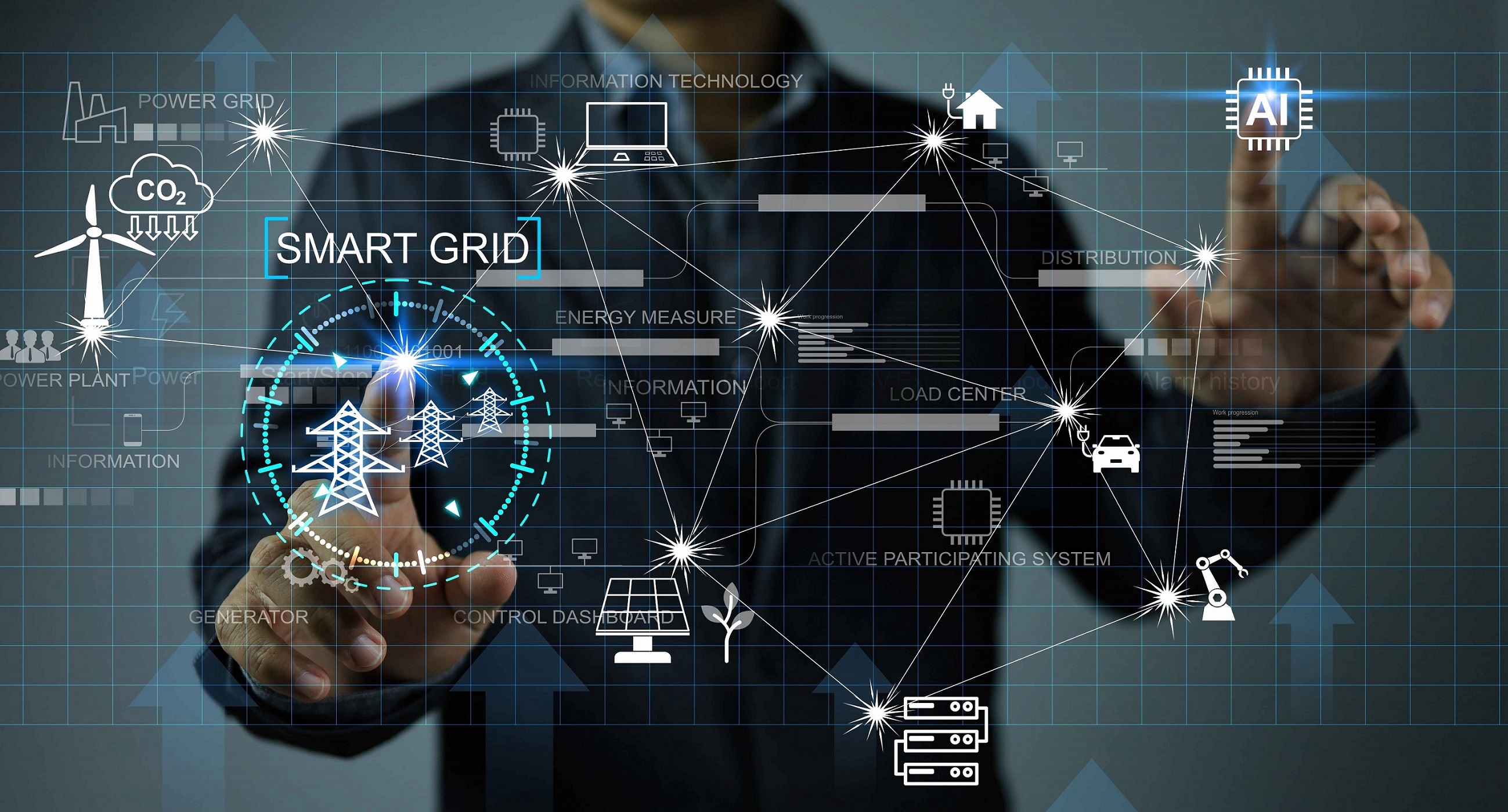 Grafik mit Icons von Strommast, Laptop, Solarmodul, Windrad, Batterie, Elektroauto und Industrieroboter