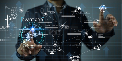 Grafik mit Symbolen von Strommast, Windrad, Solarmodul, Batterie, Elektroauto