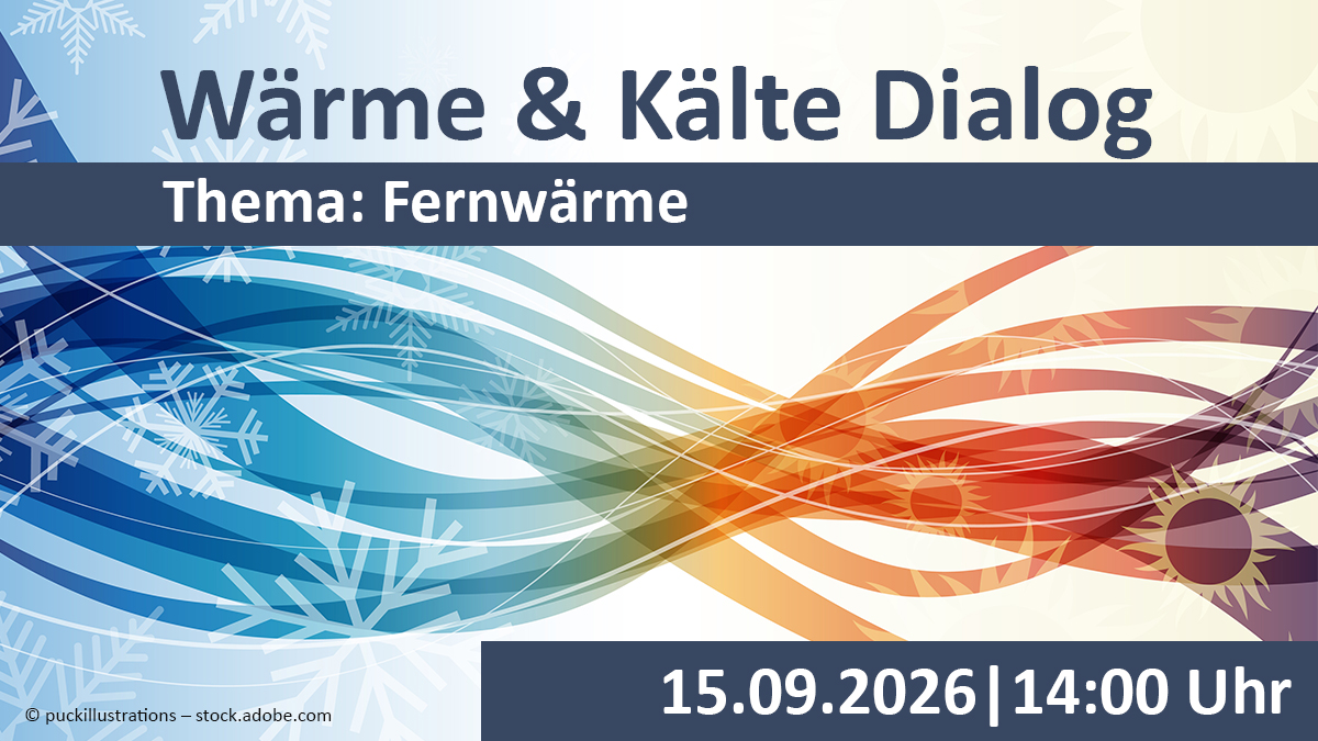 Sharepic Wärme & Kälte Dialog: Symbolbild Wärme- und Kältestrom in blau und rot. Darüber Aufschrift 'Wärme & Kälte Dialog' mit Thema, Datum und Uhrzeit der Veranstaltung