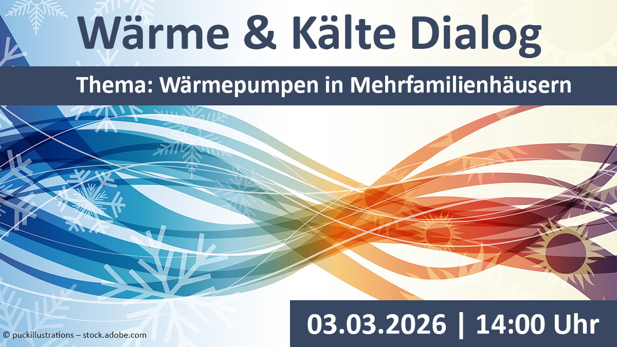 Sharepic Wärme & Kälte Dialog: Symbolbild Wärme- und Kältestrom in blau und rot. Darüber Aufschrift 'Wärme & Kälte Dialog' mit Thema, Datum und Uhrzeit der Veranstaltung