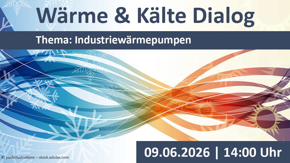 Sharepic Wärme & Kälte Dialog: Symbolbild Wärme- und Kältestrom in blau und rot. Darüber Aufschrift 'Wärme & Kälte Dialog' mit Thema, Datum und Uhrzeit der Veranstaltung