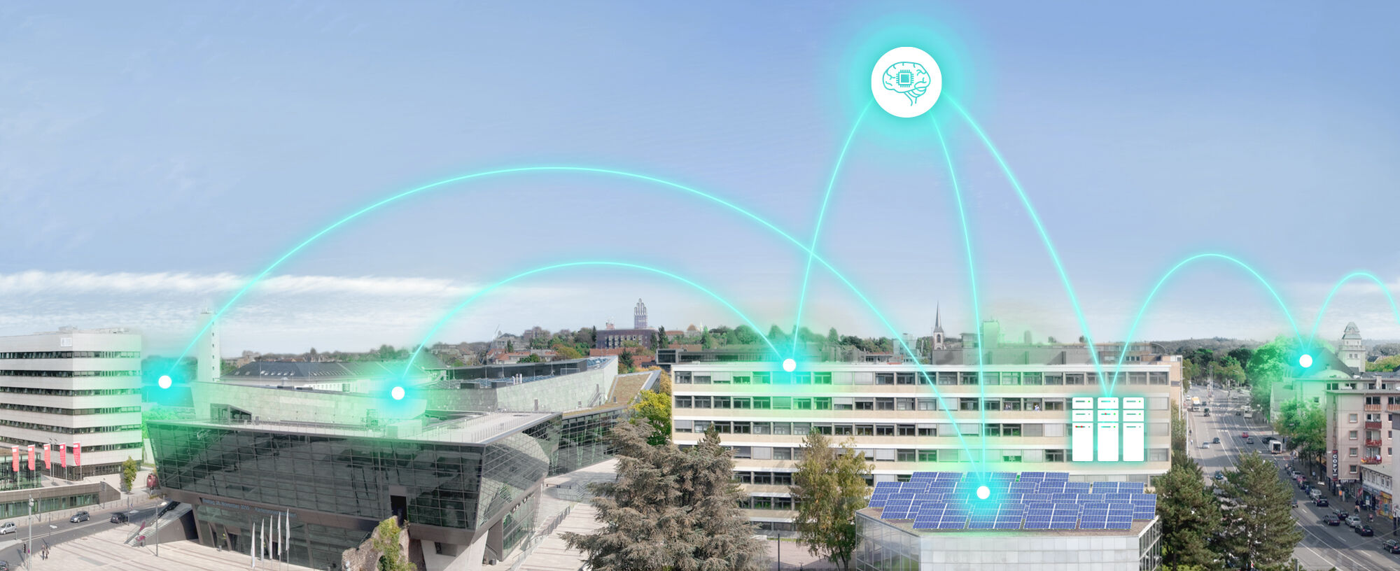 Ansicht einiger Gebäude der TU Darmstadt (Campus Stadtmitte) und des Kongresszentrums Darmstadtium mit schematischer Darstellung der energietechnischen Verknüpfung und smarter Steuerung